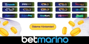 "Betmarino'nun banka havalesi, Papara, kripto para gibi ödeme yöntemlerini ve çekim limitlerini gösteren tablo."